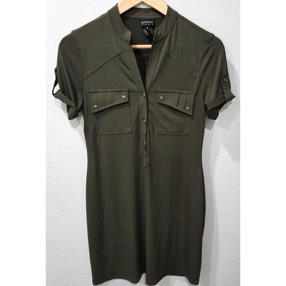 En Focus Studio Olive Green Casual Shirt Dress with Roll-tab Sleeves Size 6
